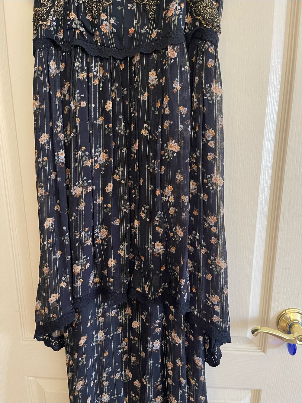Zara Black Floral Tiered Maxi Dress with Gold Accents - Picture 5 of 12
